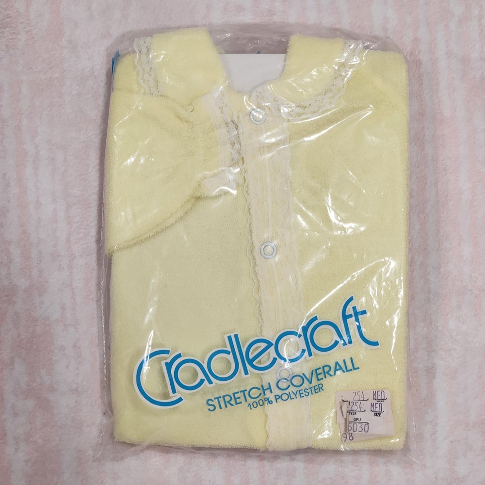 NOS Vintage Cradlecraft Yellow Terry Cloth Lace Trim‎ Baby Coverall Sleeper M